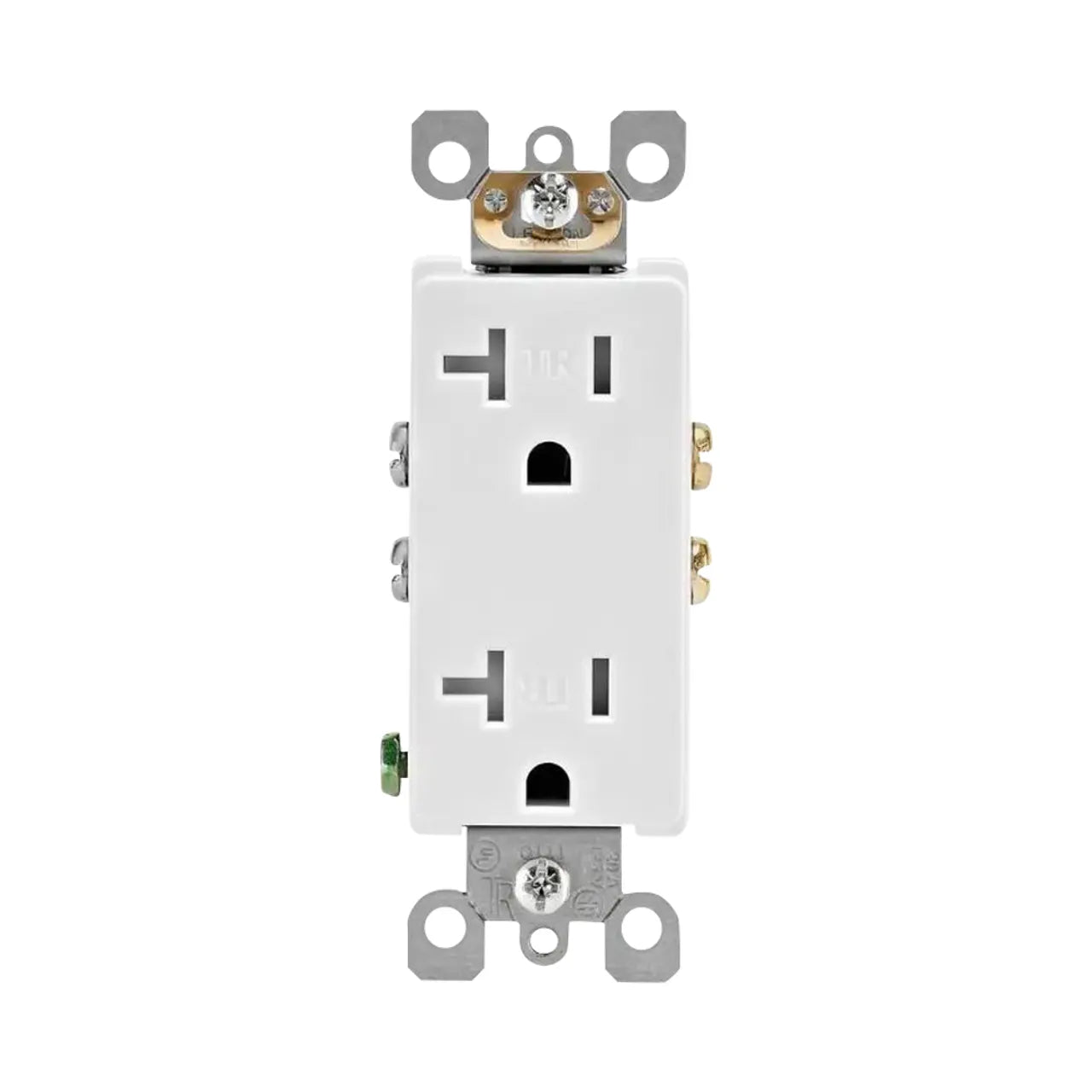 The Go Build Decora 20 Amp Ultrasonic Tamper Resistant Duplex Outlet in white features two vertical sockets, metal mounting brackets, and side screws, shown against a plain white background.